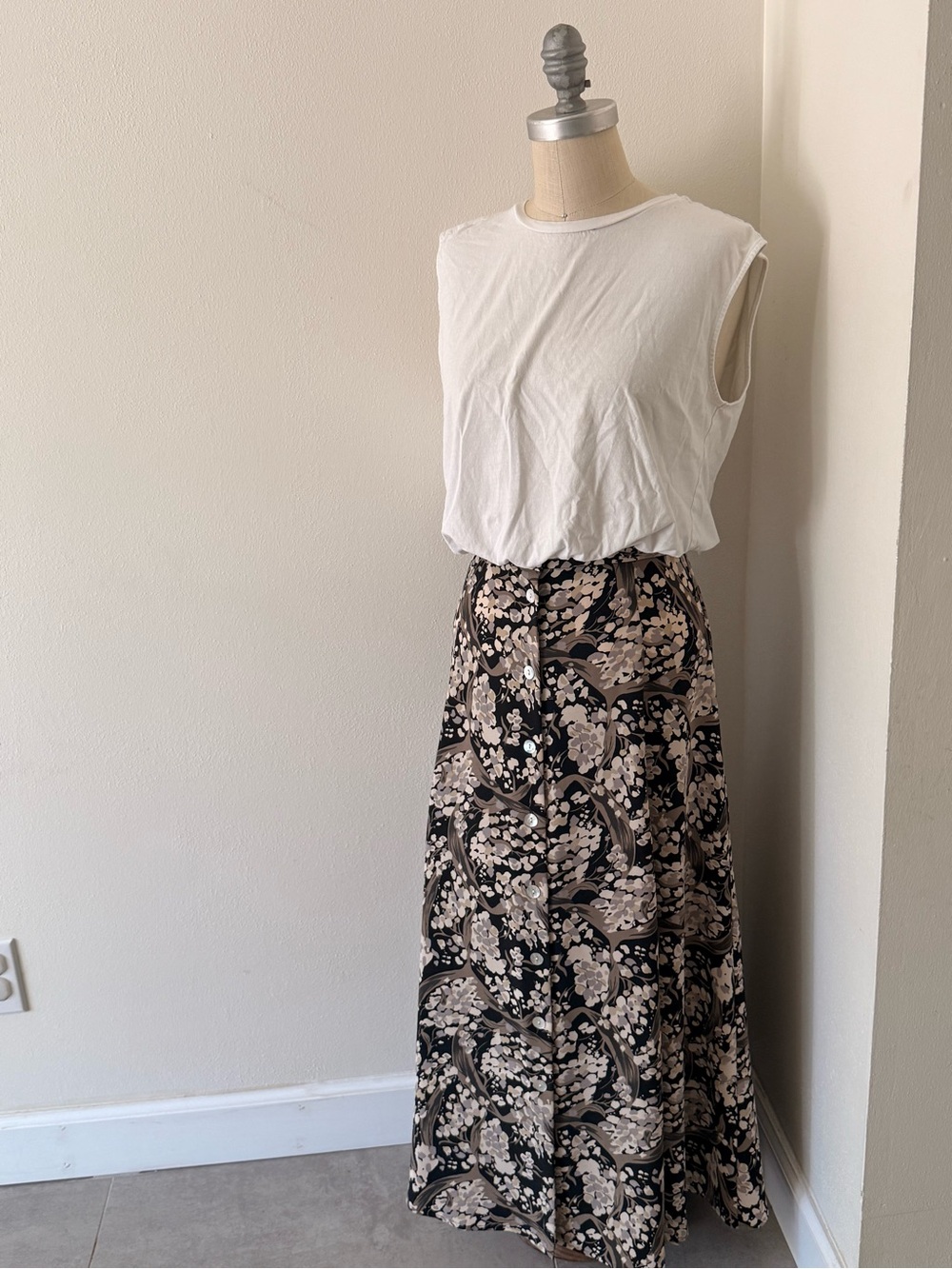 Vintage Designers Originals Black and Cream Floral Maxi Skirt